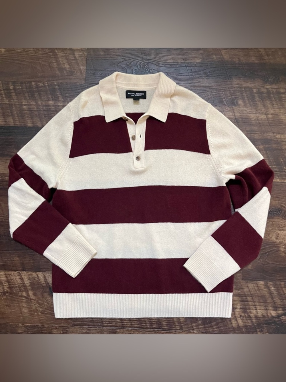 Banana republic 100% cashmere thick stripe polo rugby sweater large old money